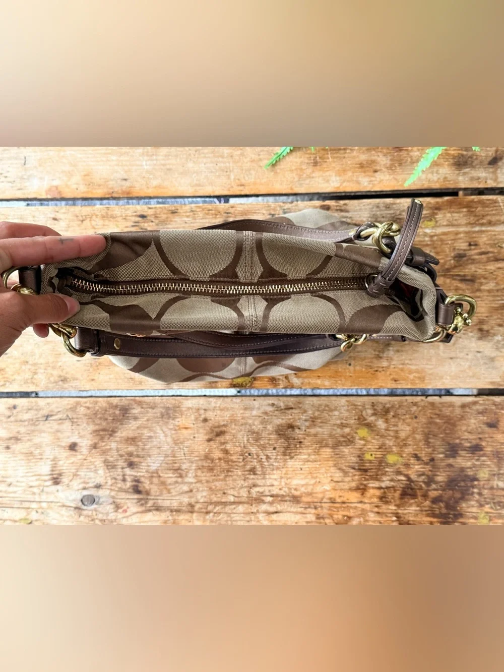Coach Brown and Tan Canvas Shoulder Bag with Gold Hardware